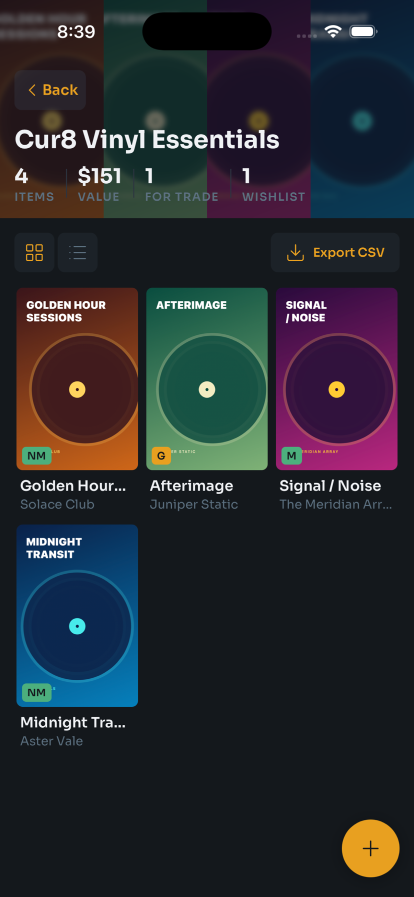 Cur8 vinyl collection showing a searchable grid of cataloged records